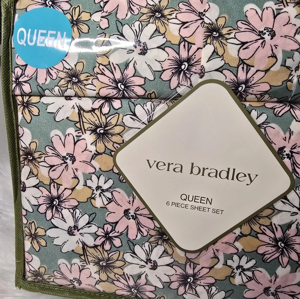 Vera Bradley Queen 6 Piece Sheet Set - Pink & Green Painted Paisley Floral new